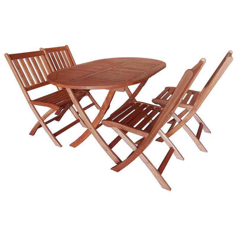 Salon de jardin - une table ovale et 4 chaises en bois - Vue de 3/4